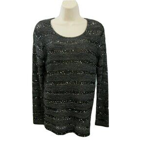 Karen Kane Sweater Pullover Scooped Neck Sz Small Top Knit Sequin Black Striped